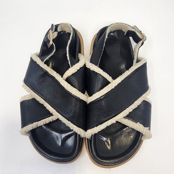 Alohas Marshmallow Black Leather Platform Sandal Women Size 39 US 8 Sherpa Lined - Picture 2 of 9